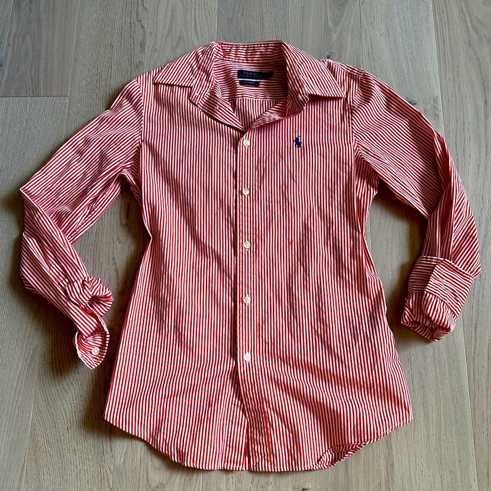 Polo Ralph Lauren Orange Striped Long Sleeve ButtonUp Equestrian Classic sz 2